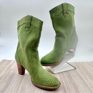 Born Genevieve Suede Leather Heeled Western Boots Green Polka Dot US 6.5 / EU 37